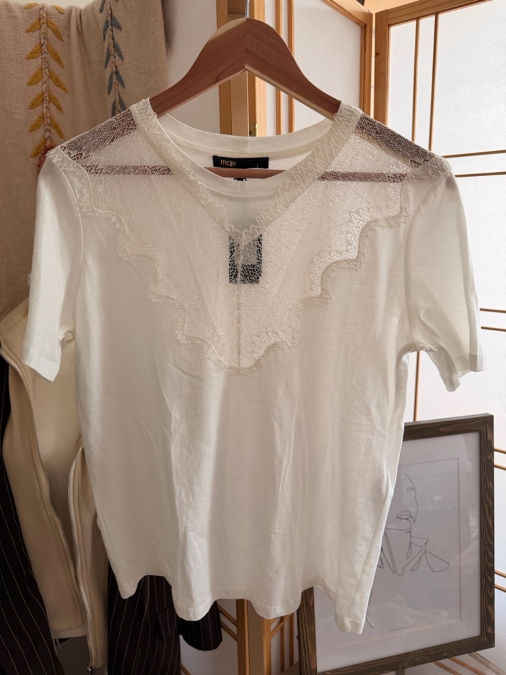 NWT Maje Lace Detail Cotton Tee – White – Size 1 (Small)